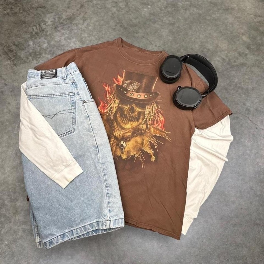 Scarecrow Flaming Skull Graphic T-Shirt Brown Gothic Horror Halloween Tee